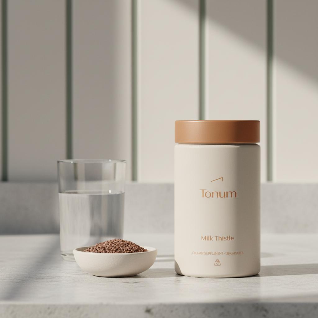 Tonum supplement jar labeled milk thistle on a minimalist kitchen counter beside a bowl of milk thistle seeds and a glass of water, clinical lifestyle composition.