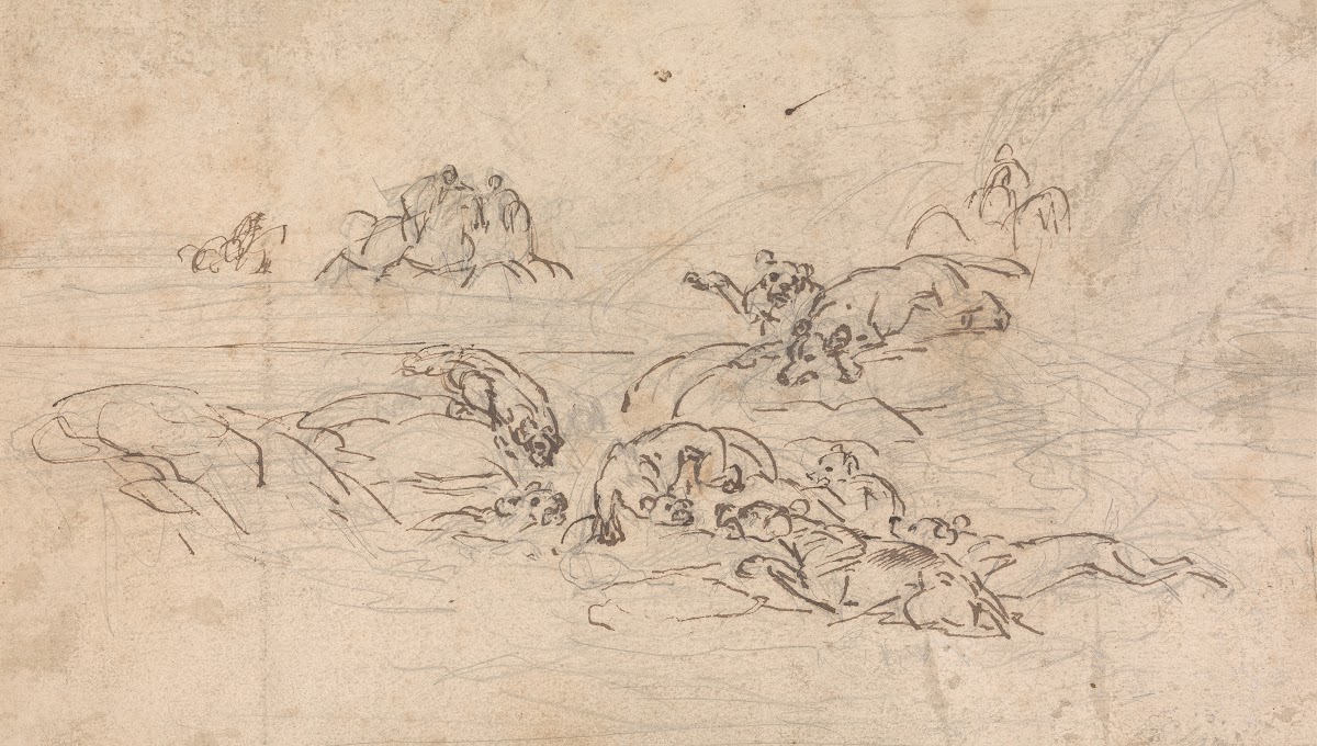 Hunters approaching a lion being held at bay by hounds