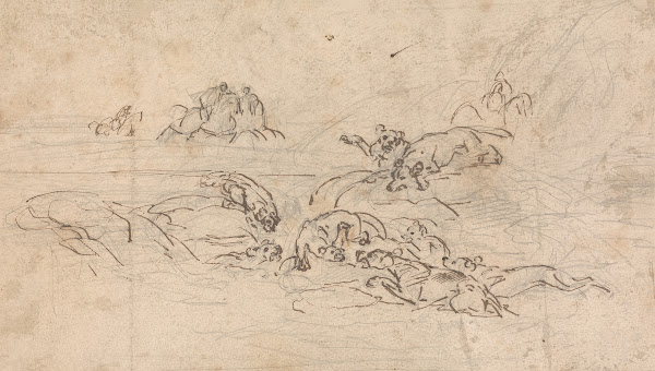 Hunters approaching a lion being held at bay by hounds