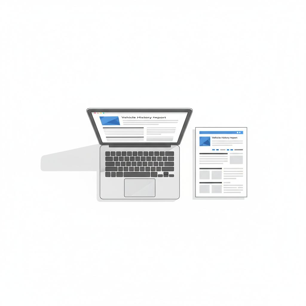 Overhead 2D vector of a laptop and a printed free carfax report on a clean white desk minimal layout with blue accents #3666ed and dark lines #010205