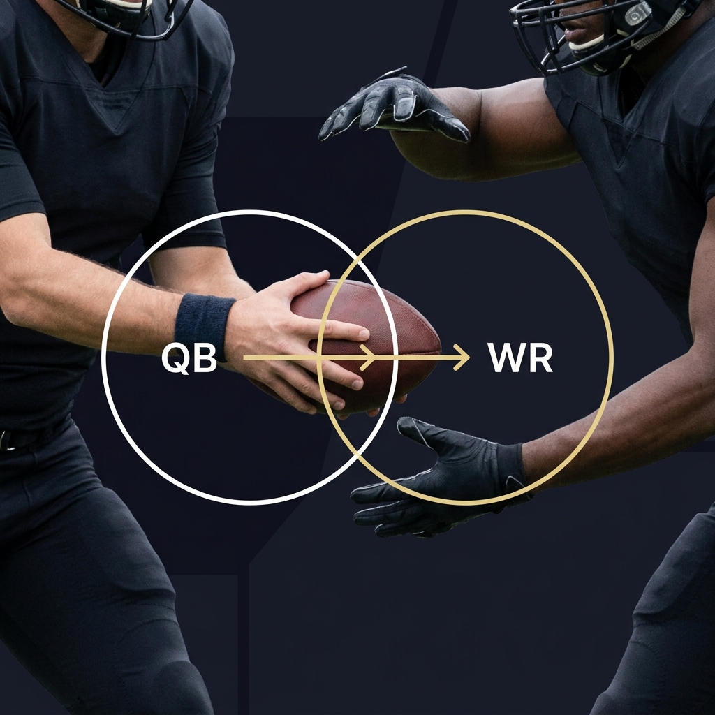 Close up of a quarterback and receiver with overlay arrows and a simple joint probability diagram illustrating How Correlation Affects Same-Game Props in Funded Plays brand colors