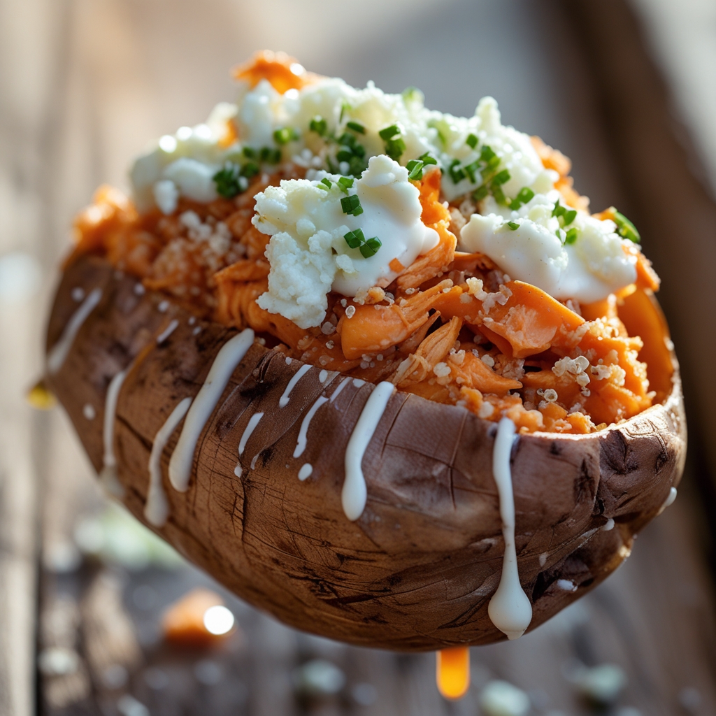 High-Protein Buffalo Chicken Stuffed Sweet Potatoes with Greek Yogurt Ranch