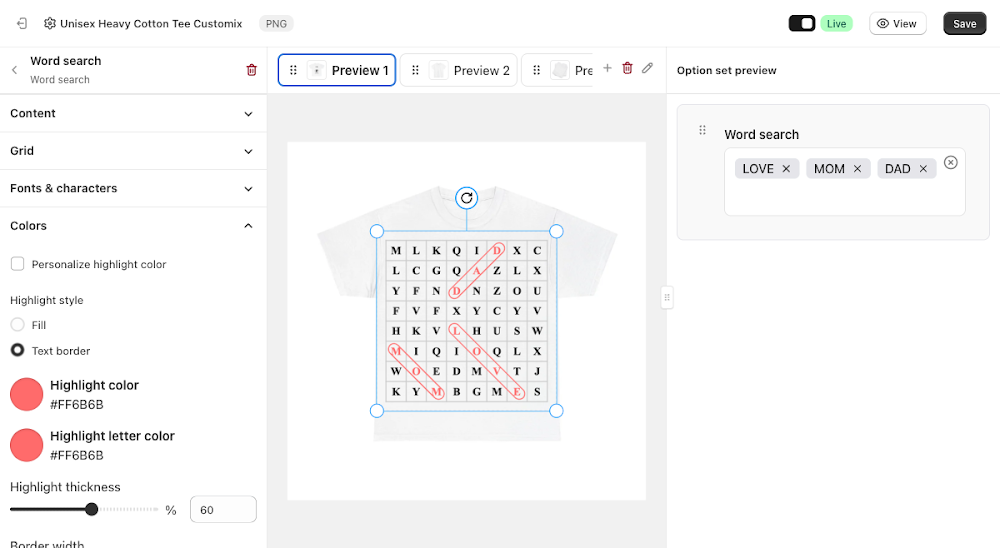 Colors panel set to Text border style, canvas showing each hidden word circled in red outlines