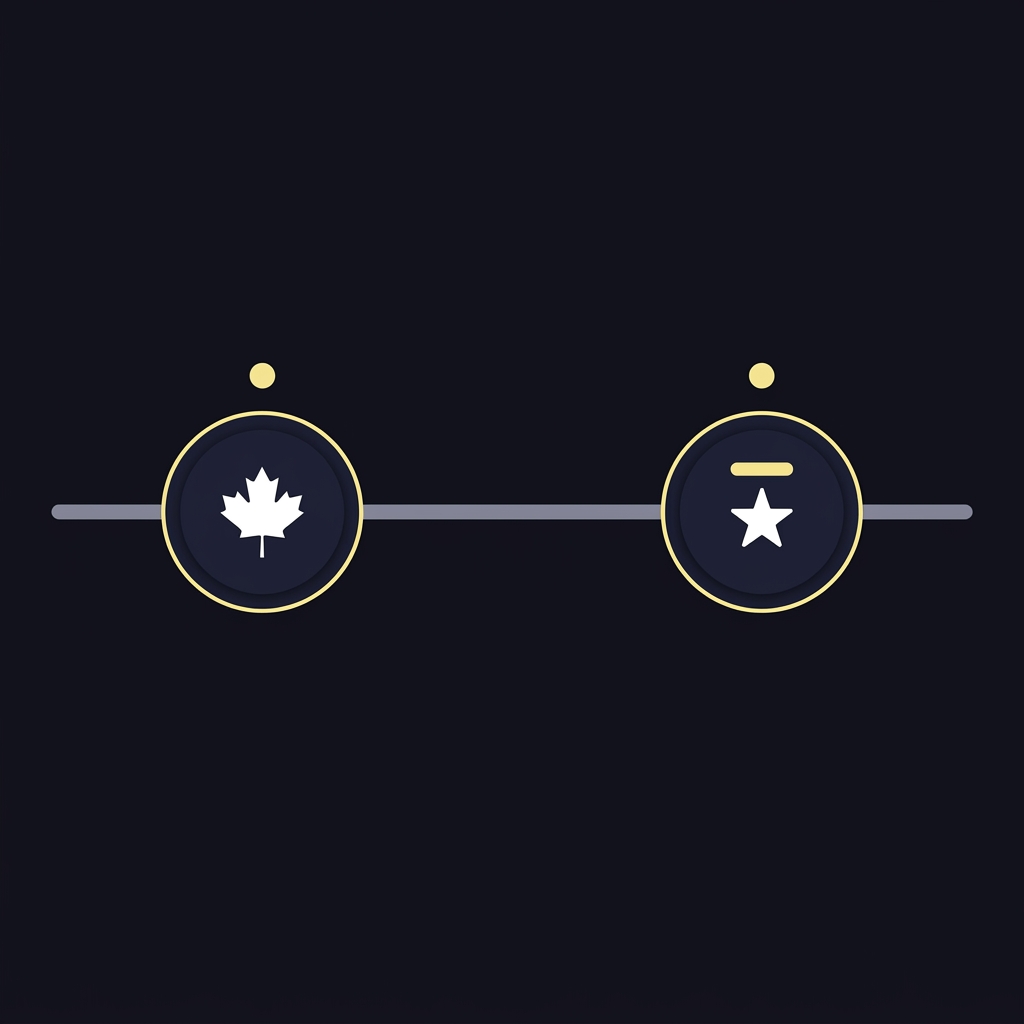 Minimal vector timeline on dark Funded Plays background showing two milestone nodes representing April 2022 Ontario launch and November 2023 US launch for thescore sportsbook using white icons and yellow accents