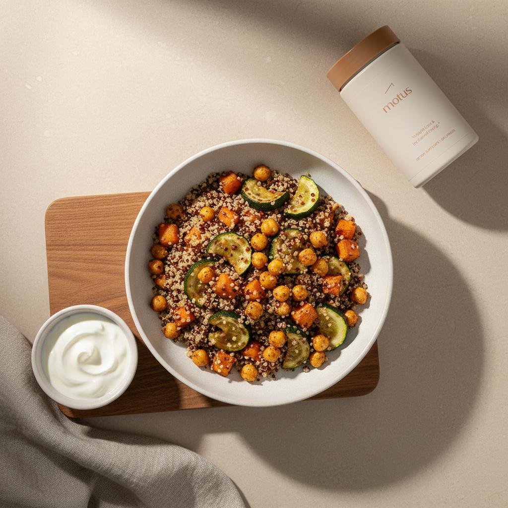 Top-down photo of a quinoa lunch bowl with roasted vegetables, chickpeas, chili oil drizzle and Greek yogurt ramekin; Tonum Motus container visible in the upper corner — metabolism-boosting foods.