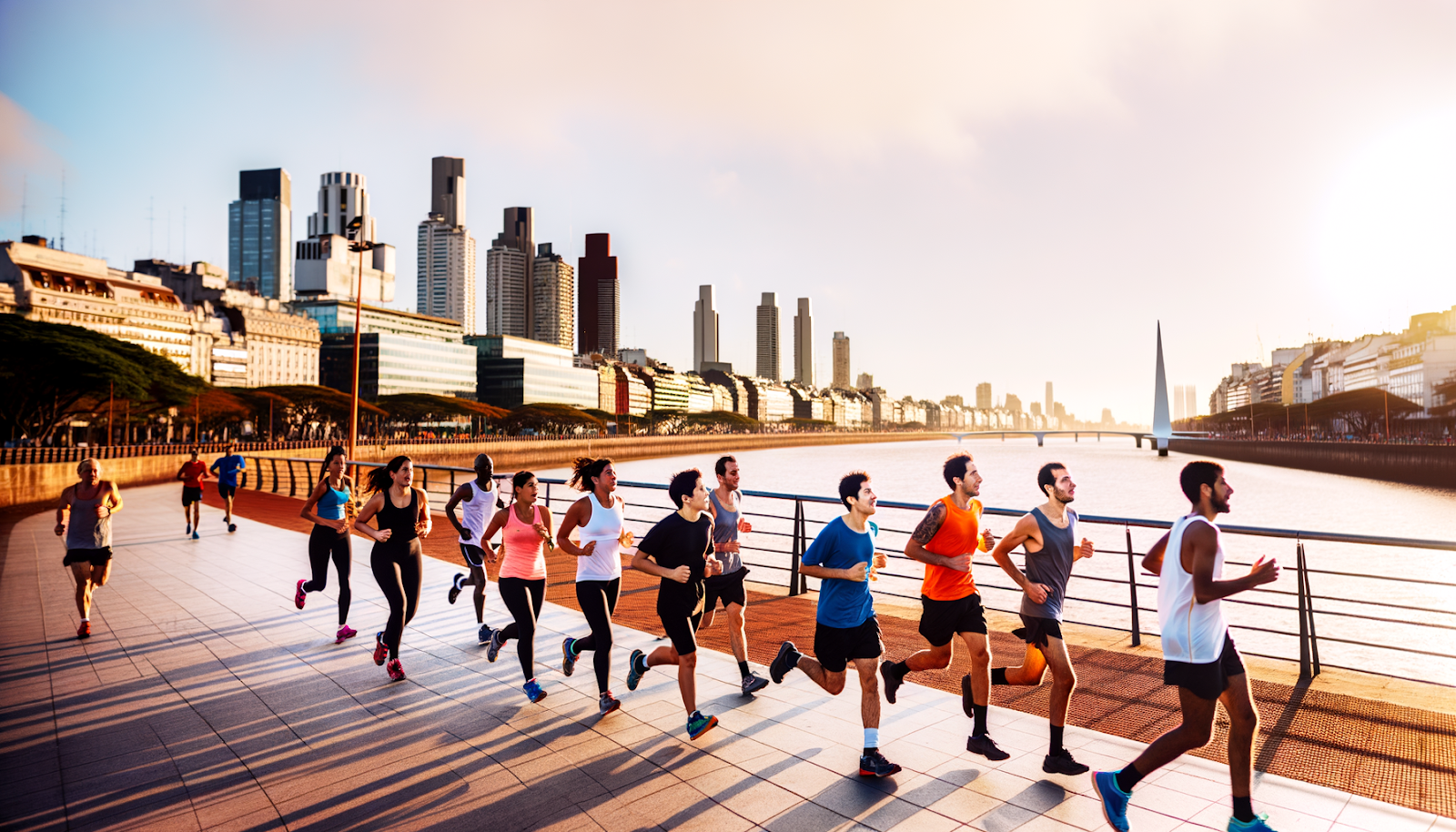 Grupo de runners corriendo por la Costanera Sur de Buenos Aires al atardecer con skyline de fondo