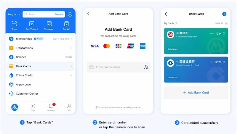 Alipay Bank Cards screen before adding a new card