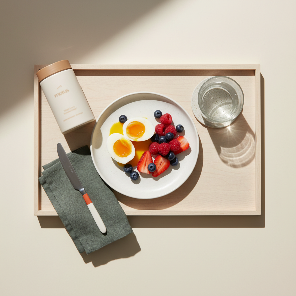 Top-down flat-lay of a minimalist breakfast tray with eggs, berries, water and Tonum Motus jar placed upper-left, styled for weight loss gummies content