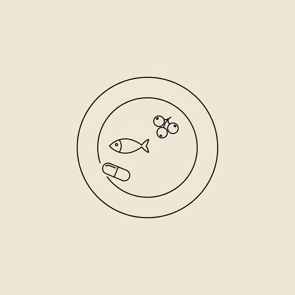 Minimal Tonum-style line illustration of a plate with a small fish, berries and a capsule on a beige background representing diet and supplement — what burns the most belly fat