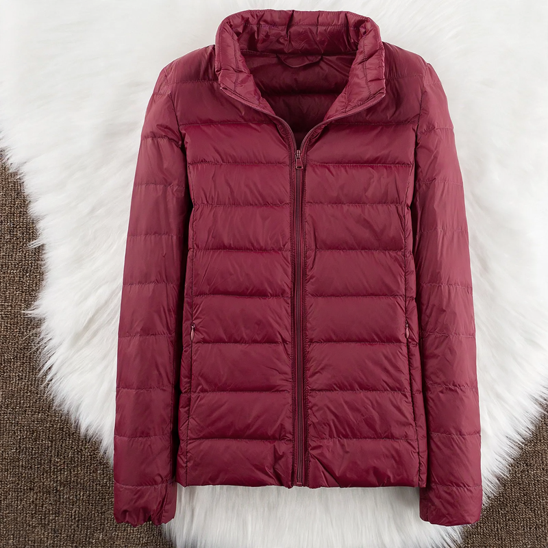 Lightweight women's down jacket with hood and stand-up collar