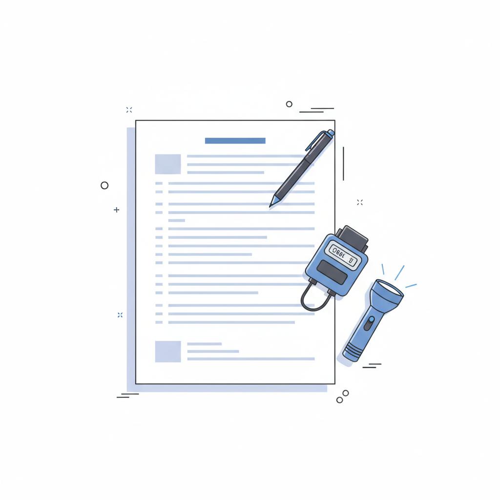 Top down 2D vector of a printed used car inspection checklist with an OBD II adapter a small flashlight and a pen on a white background with subtle blue accents