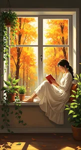 Cozy Autumn Reading Scene Woman on Window Ledge Art