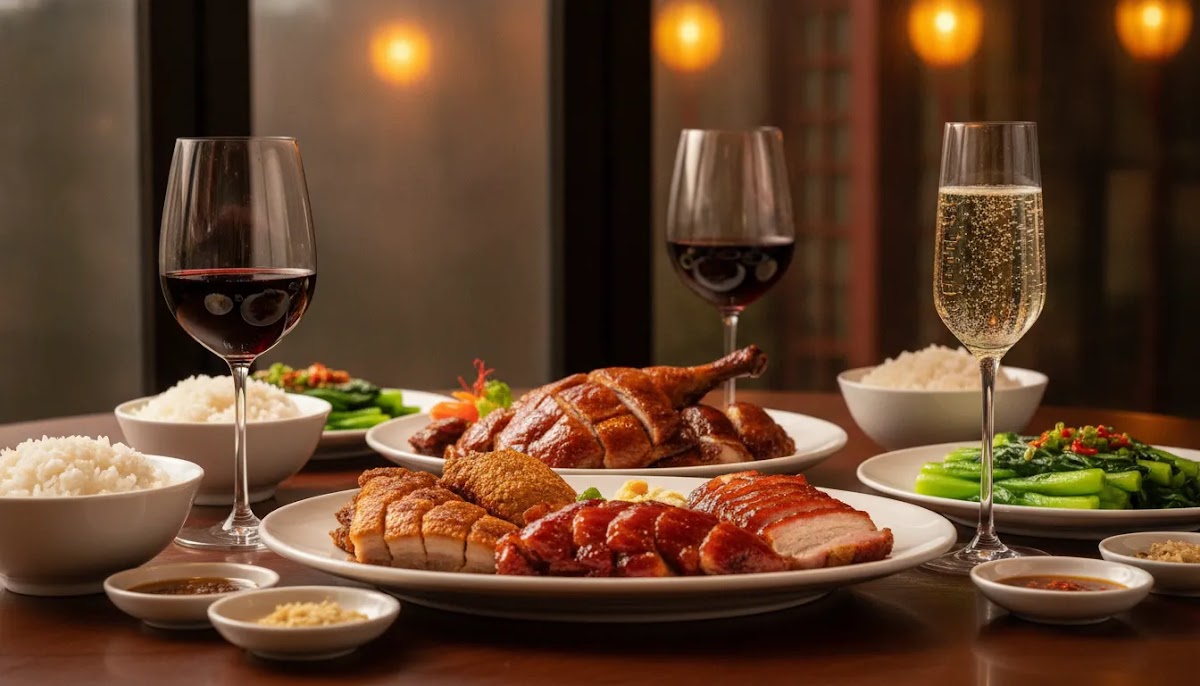 Best wine for Chinese food Hong Kong pairing with Peking duck, Chinese roast pork, and elegant red and sparkling wine glasses
