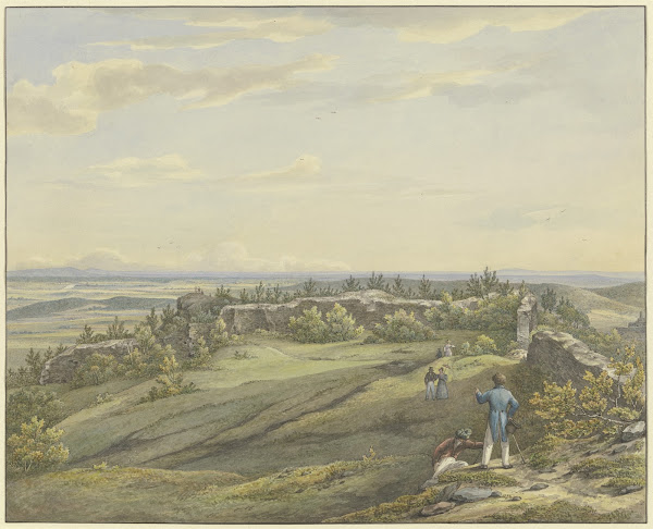 Burghof der Ruine Falkenstein mit Ausblick auf die Mainebene den Odenwald und di