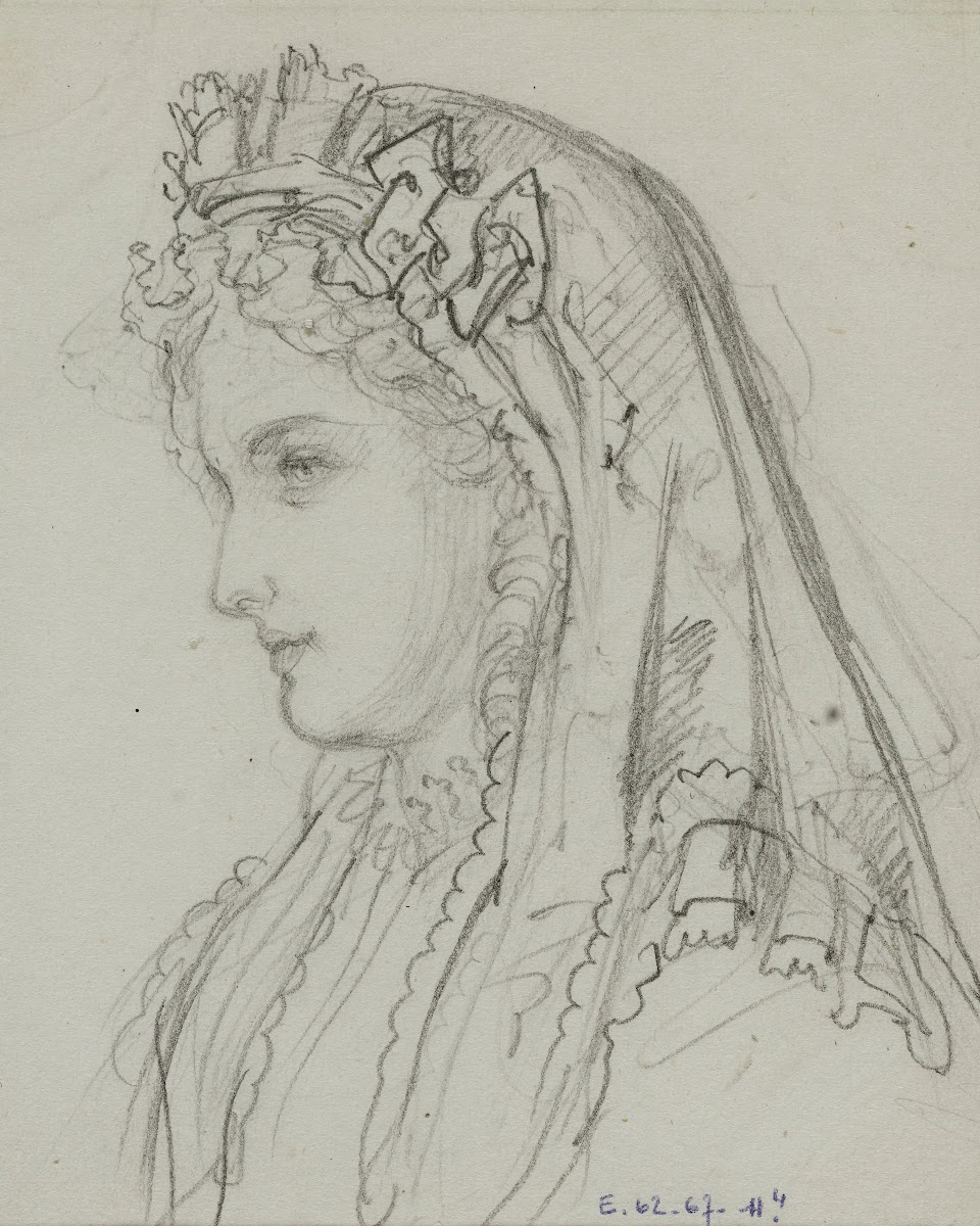 Tête féminine de profil avec voile à volants de dentelle 1864