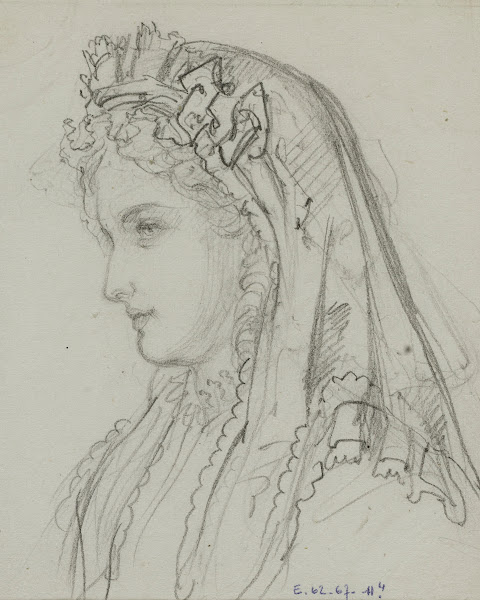 Tête féminine de profil avec voile à volants de dentelle 1864