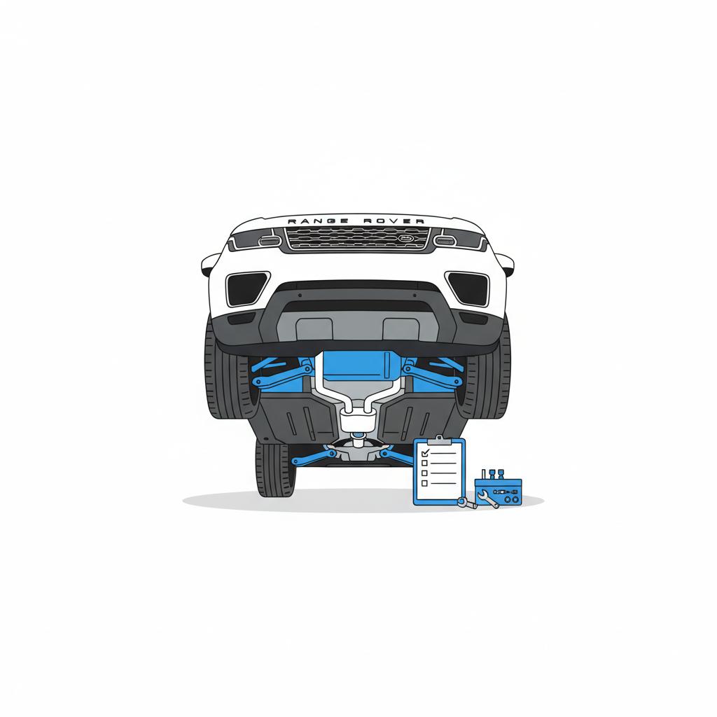 Minimalist 2D vector of elevated Range Rover Sport underside with clipboard checklist and toolkit nearby no people range rover sport for sale