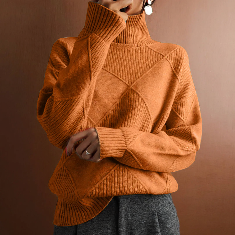 Women's knitted sweater with high collar, solid color
