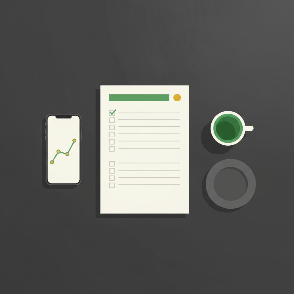 Minimal 2D vector desk scene with checklist coffee cup and smartphone displaying a trading chart illustrating how to make $200 a day trading