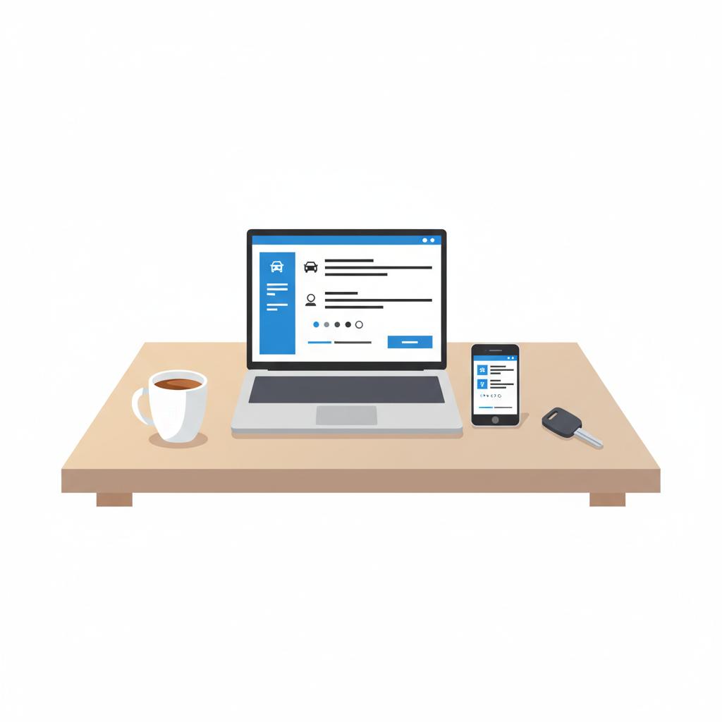 Minimalist 2D vector kitchen scene with laptop and smartphone showing simplified vehicle history UI mockup in brand blue, warm light, no people, best affordable cars