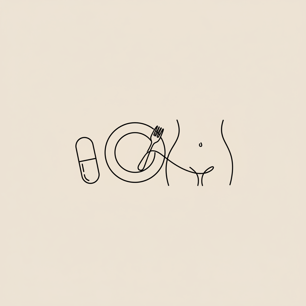 Minimalist line illustration of a capsule, a plate with fork and an abstract waistline curve on a beige background — best supplement for losing belly fat