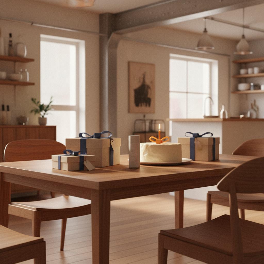 Intime Wohnszene mit Esstisch, Vanillekuchen und kreativen geschenkideen auf Holz, Fokus auf Geschenkdetails, warmer industrieller Charme mit Metallakzenten