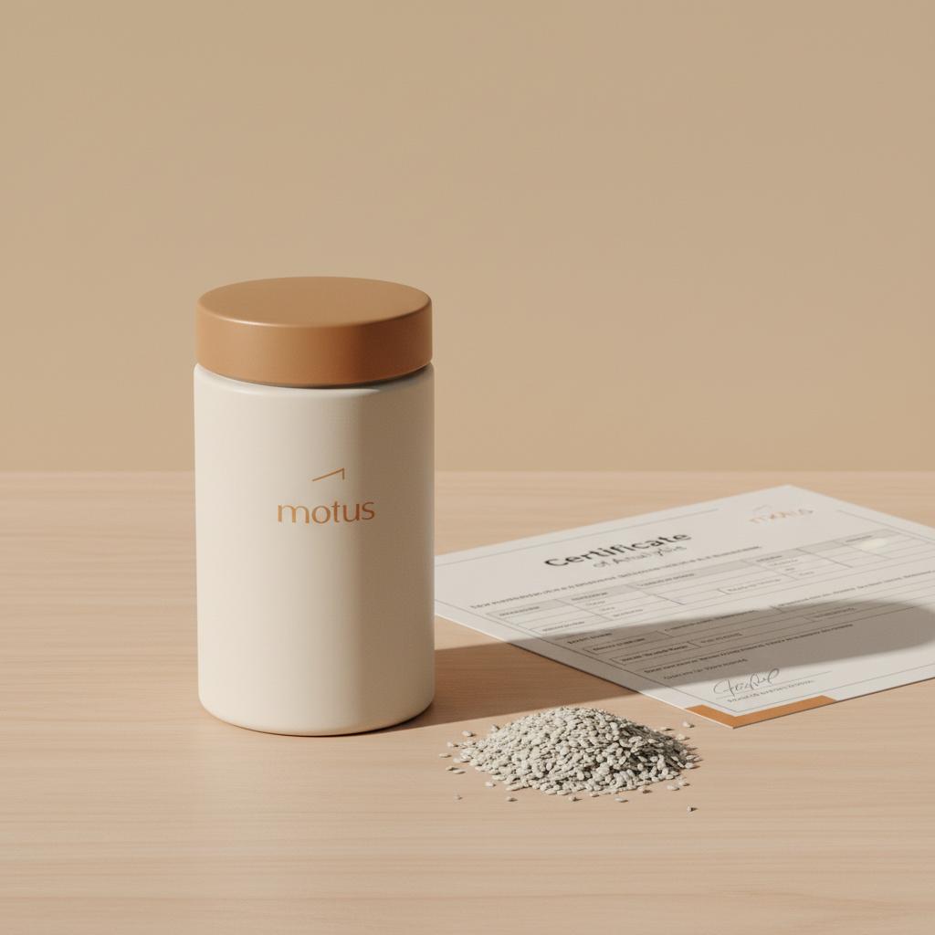 Close-up of Tonum supplement container from reference photos beside milk thistle seeds and an open certificate of analysis on light wood against beige background — best milk thistle supplement
