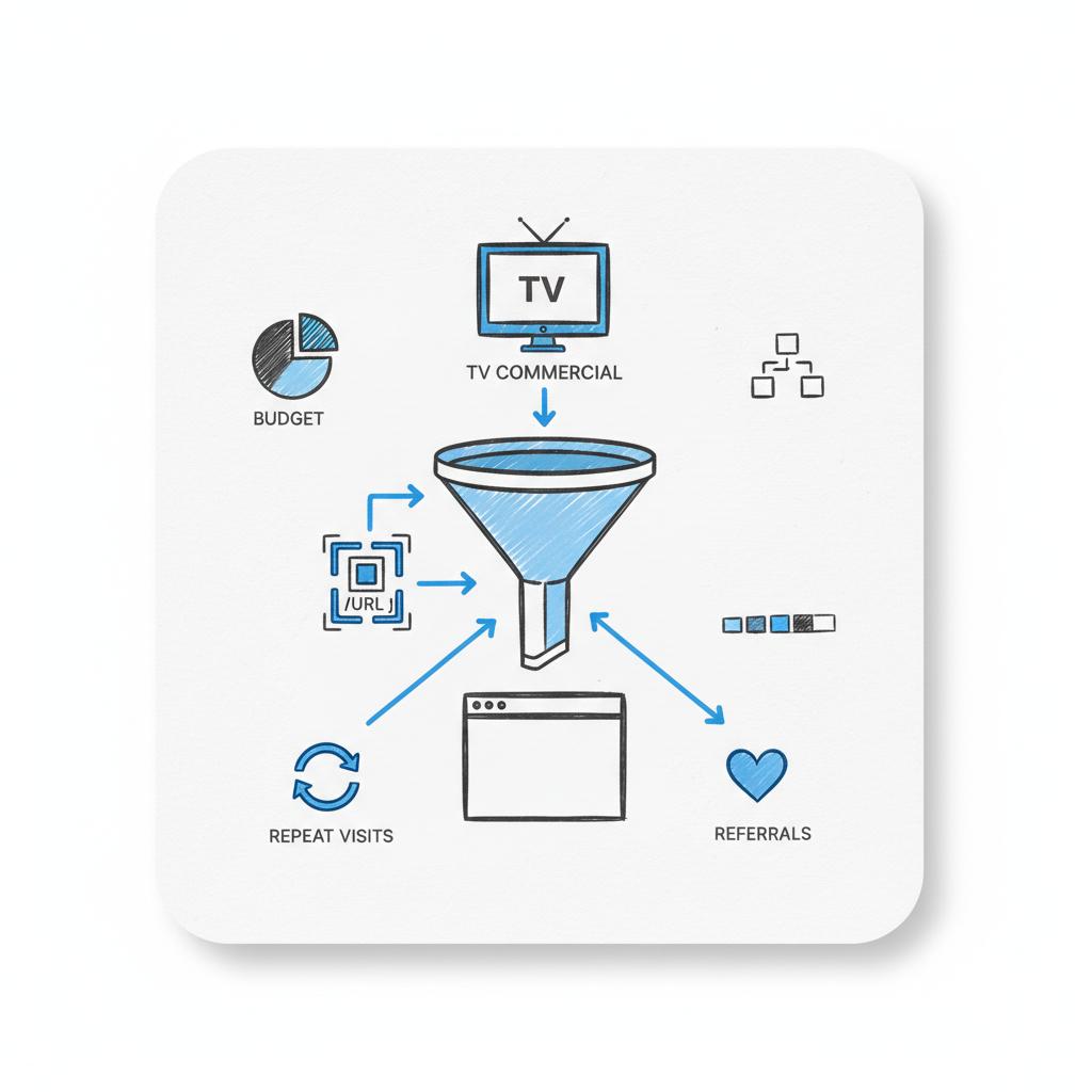 Minimalist vector infographic showing a TV advertising funnel: TV spot to QR/URL to landing page to repeat visits and referrals in brand colors