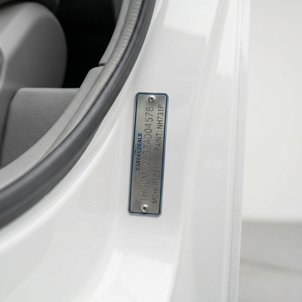 Close up realistic photo of a vehicle VIN plate on a door jamb with white background and blue accent lighting suitable for a free carfax report article