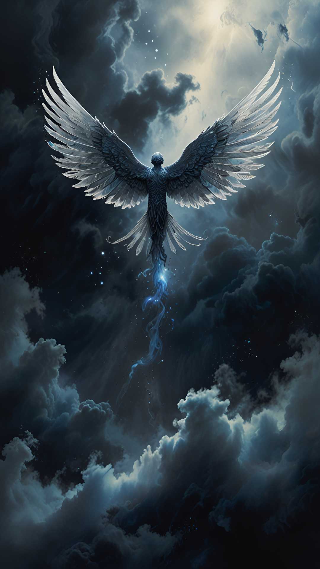 Majestic Winged Guardian Ascending Through Stormy Heavens - Free 4K mobile Wallpaper