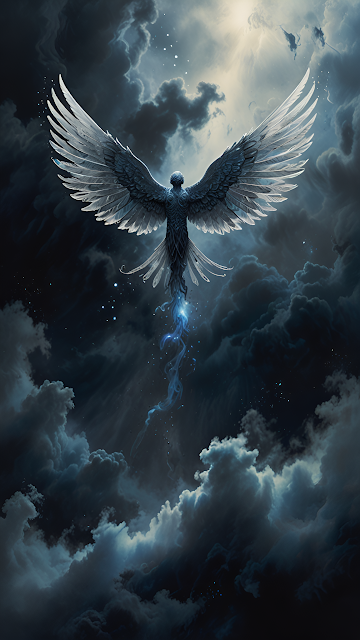 Majestic Winged Guardian Ascending Through Stormy Heavens - Free mobile Wallpaper