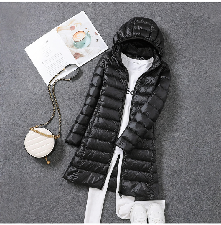 Women's down coat, mid-length, with detachable hood