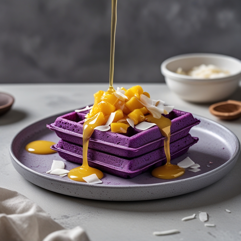 Fluffy Ube Coconut Waffles with Tropical Mango Syrup
