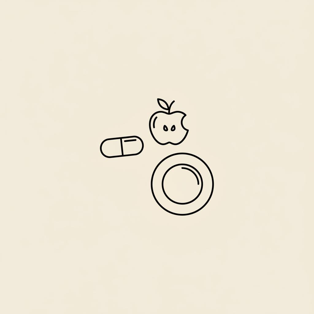 Minimalist vector line illustration of a capsule, apple slice and portioned plate on beige background representing do apple cider vinegar pills lower A1C