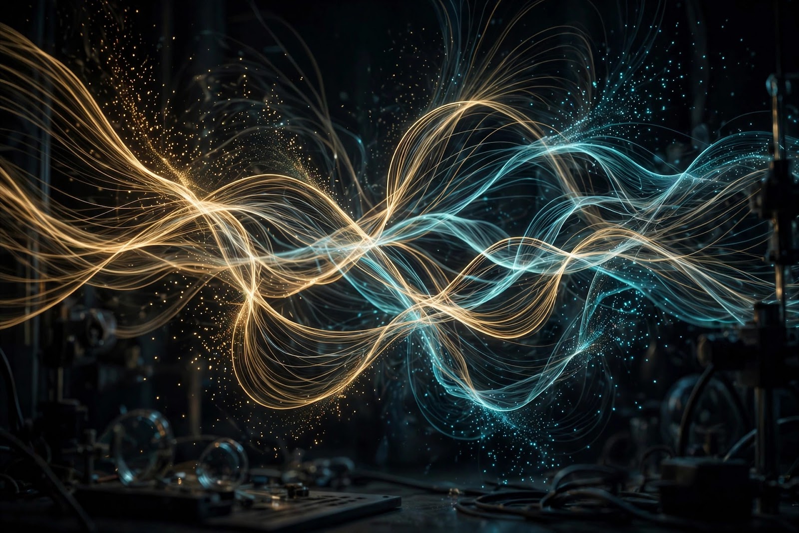 Abstract long-exposure style artwork of luminous gold and cyan wave filaments dissolving into tiny bright particles, spreading outward through a dark laboratory space.