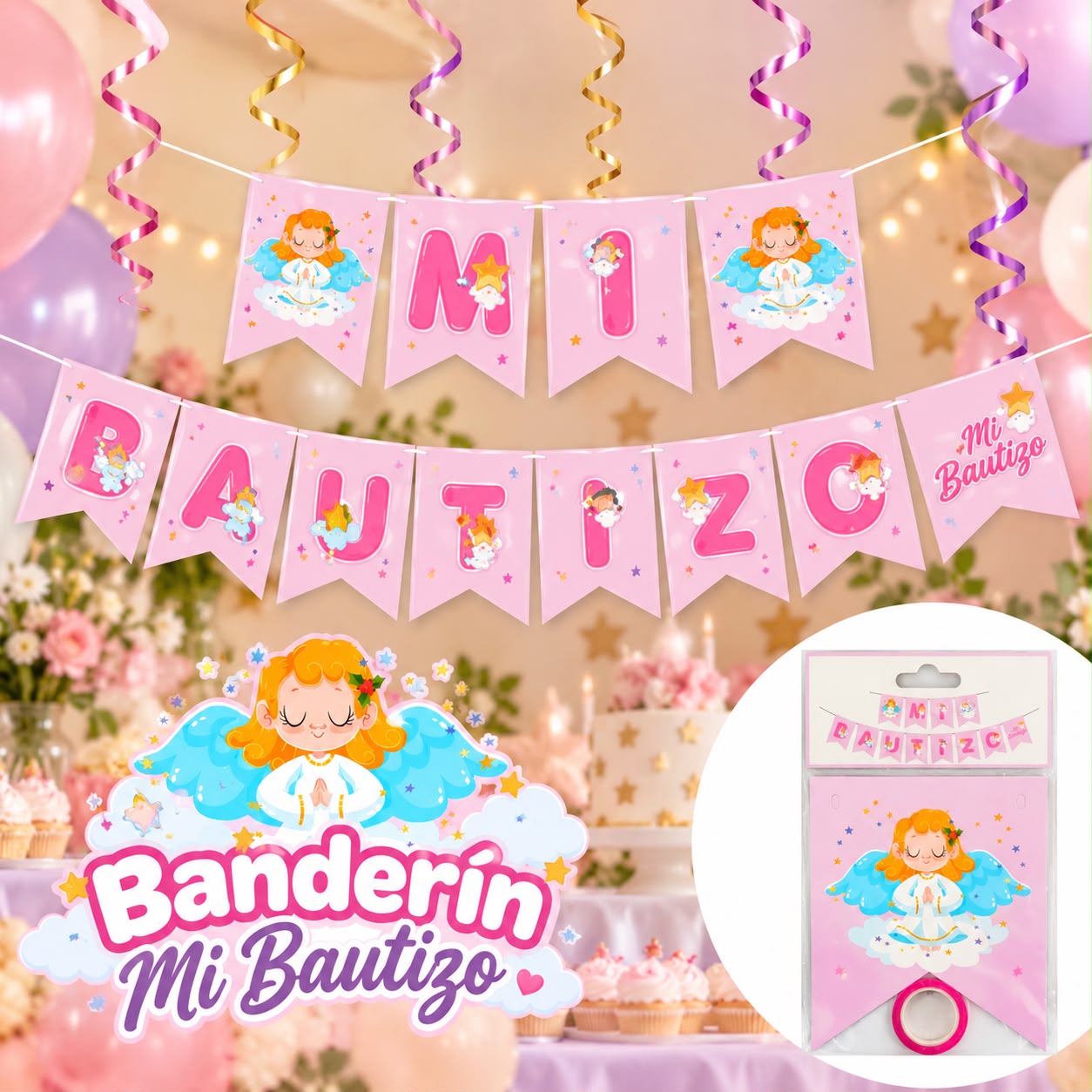 Banderín 'Mi Bautizo' rosa