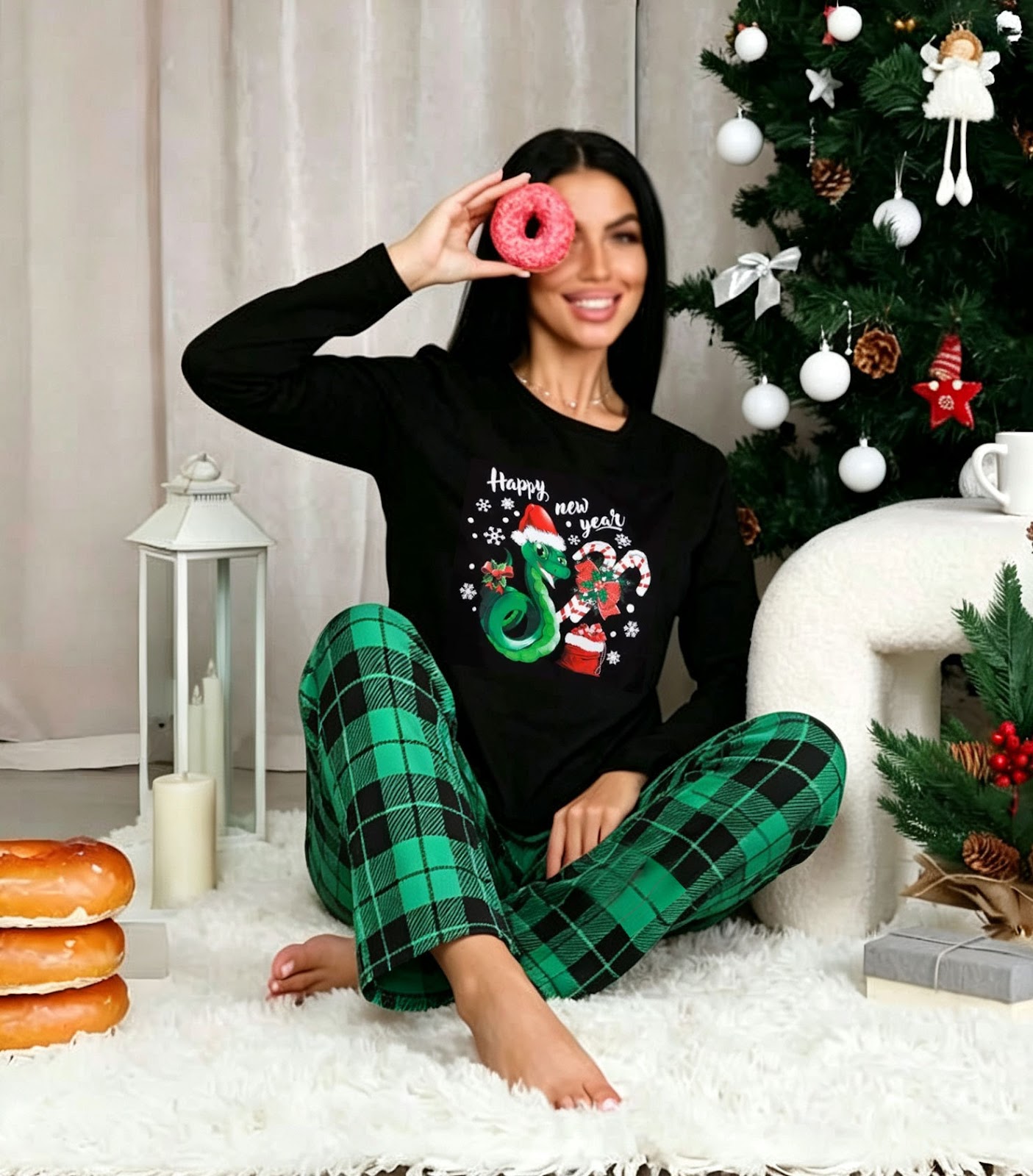Women's Pajama Set, Long Sleeve, Checked, for Cozy Hours