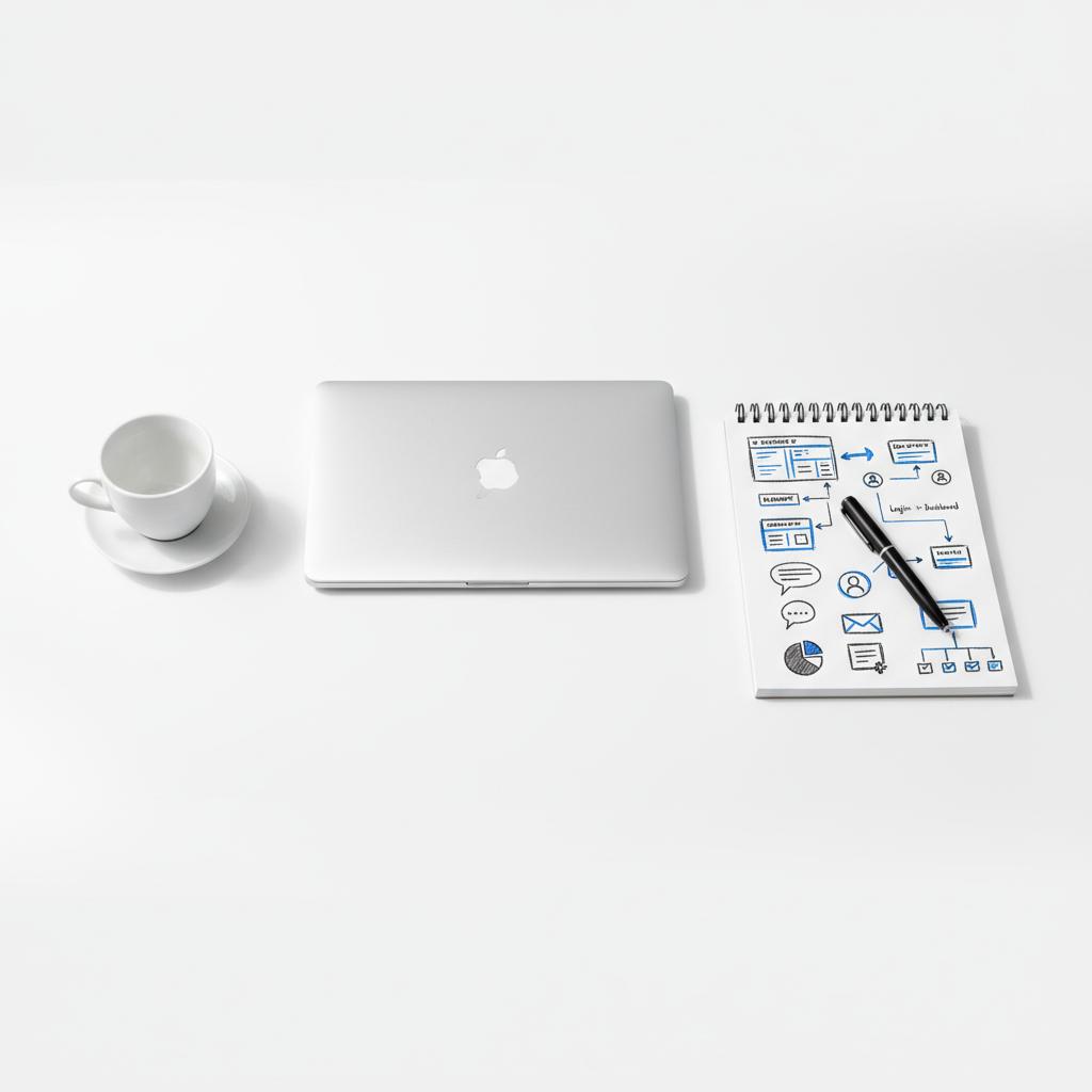 Minimal workspace still-life with closed laptop, notepad showing client portal flow sketches, pen and coffee cup on white desk &mdash; best website builder for accountants