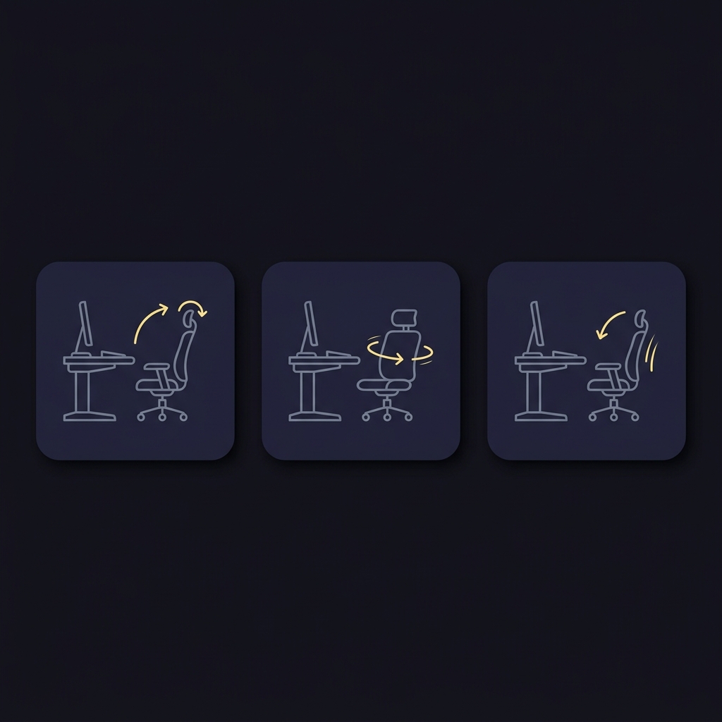 Minimalist 2D vector triptych of three desk panels showing a simple posture stretch sequence with chair and desk icons and accent motion arrows in brand colors for How to Take a Structured Break