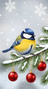 Blue Tit Bird Perched on Snowy Christmas Pine Branch