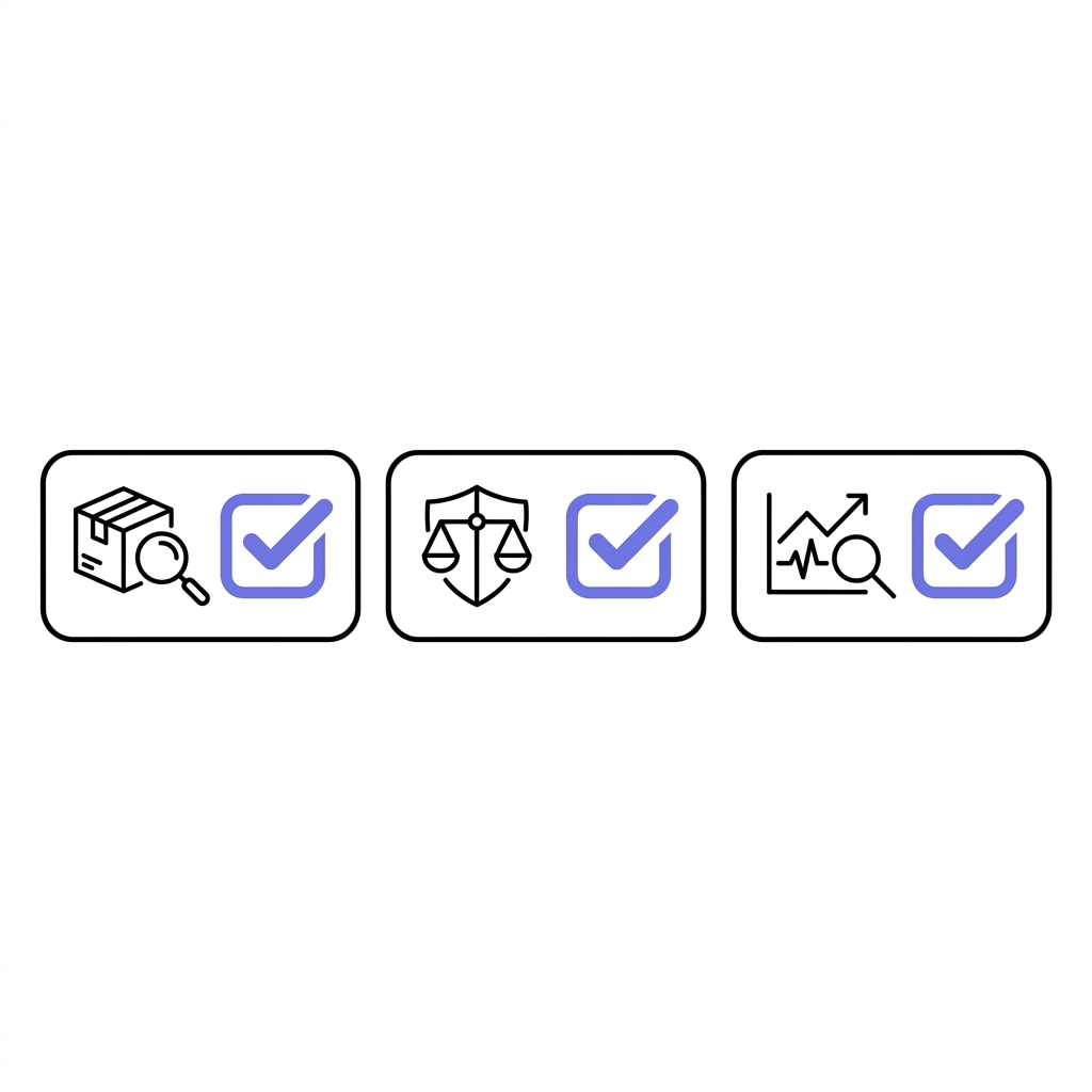 Minimalist vector checklist illustrating sourcing legality and monitoring steps for peptides for muscle growth research in Peptide World color palette white and 7173eb
