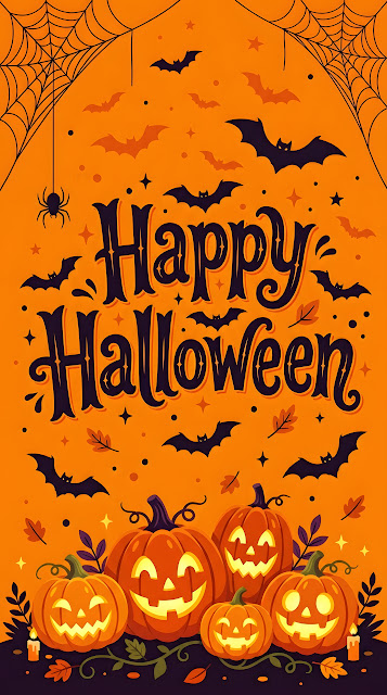 Happy Halloween Typography With Jack-o'-lanterns And Bats - Free mobile Wallpaper