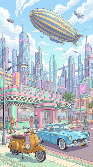 Retro-Futuristic Street Scene with Diner and Flying Dirigible - Free mobile Wallpaper