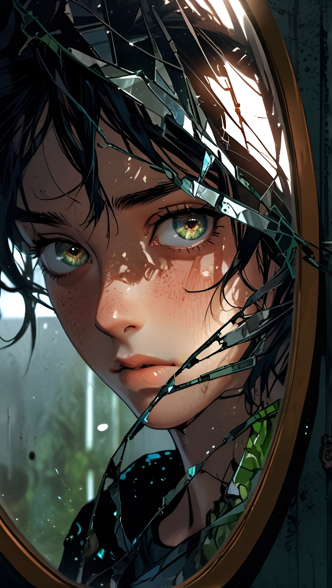 Girl with Green Eyes Behind Shattered Mirror in Rain - Free 4K mobile Wallpaper