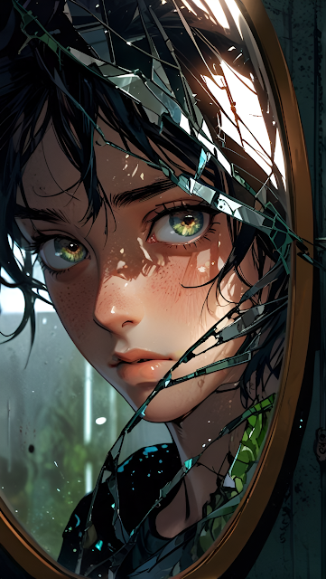 Girl with Green Eyes Behind Shattered Mirror in Rain - Free mobile Wallpaper