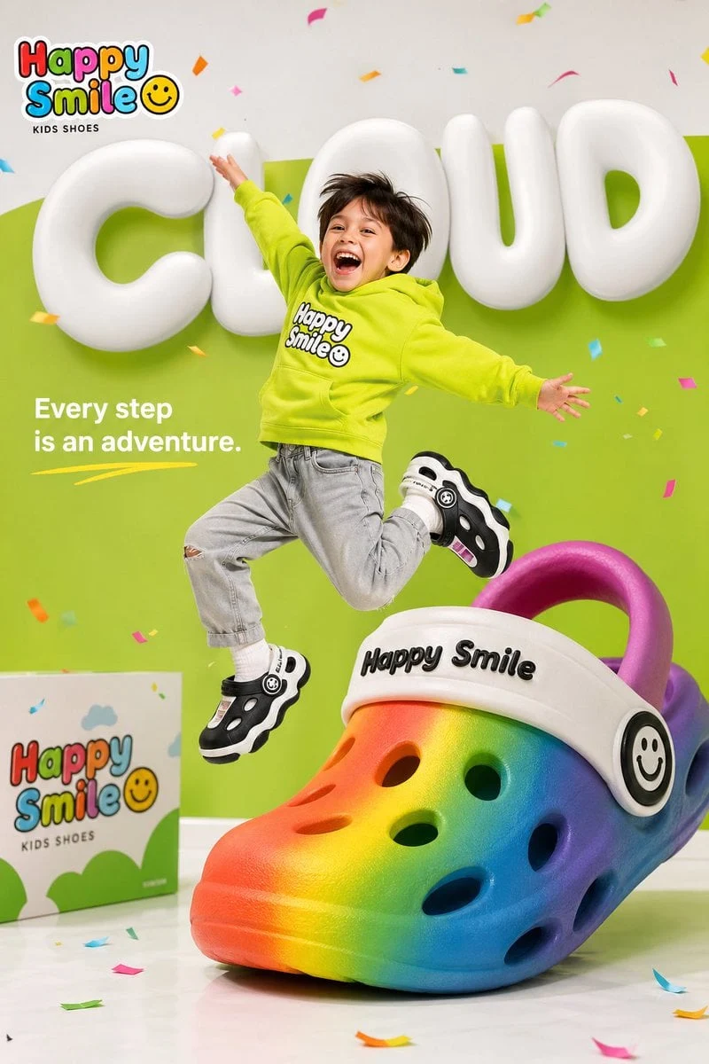 Anuncio brillante y colorido de la marca de zapatos infantiles "Happy Smile☺️", con un niño pequeño y feliz saltando en el aire...