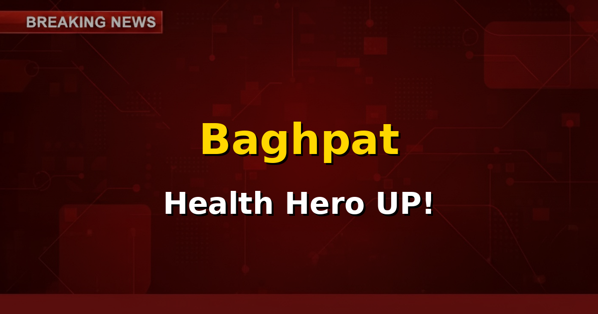 A graphic showing a map of Uttar Pradesh with Baghpat highlighted, symbolizing its top position in Ayushman Bharat scheme.