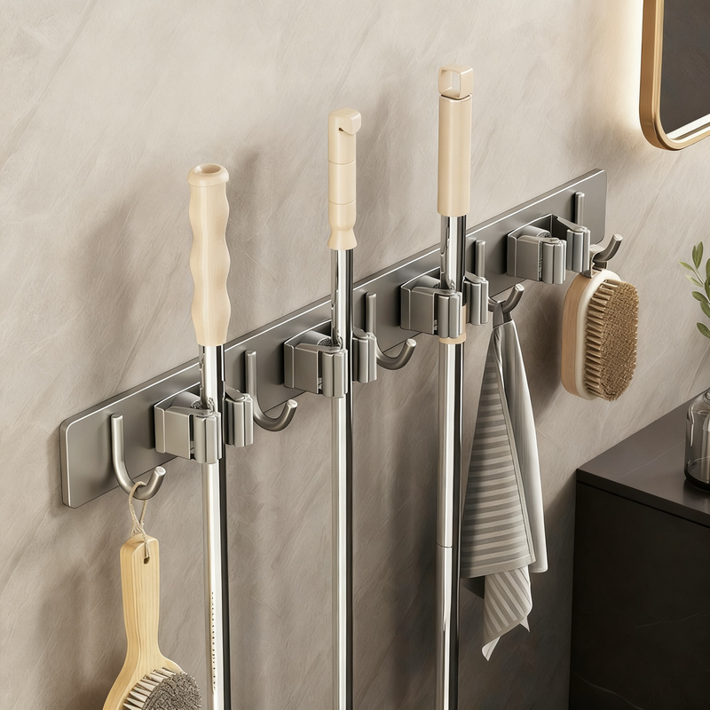 Wall holder for broom and mop made of stainless steel