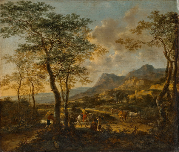 Extensive Italianate landscape with a traveler and drovers on a road a farmhouse