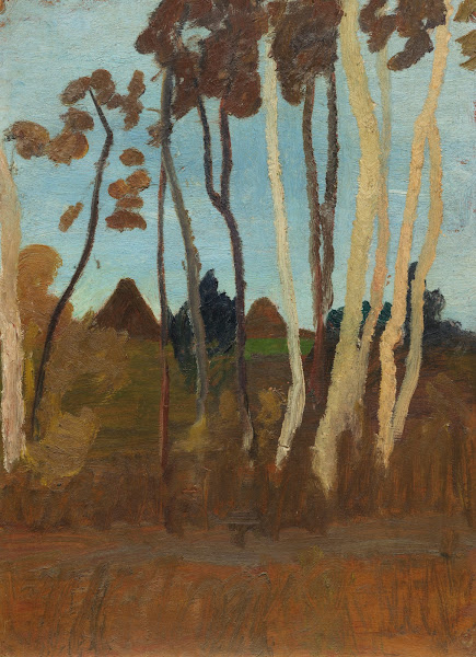 Landschaft mit Birken im Hintergrund zwei Hausgiebel 1900